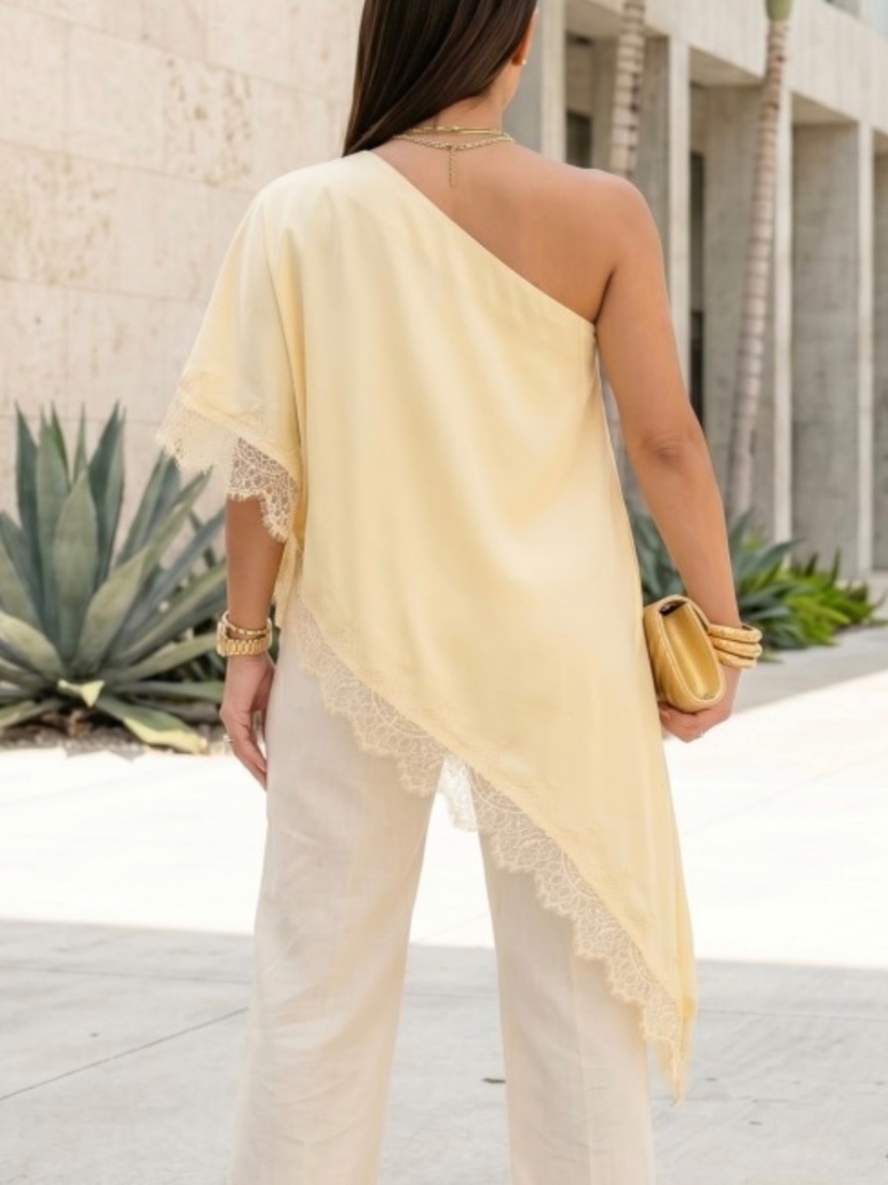 ASYMMETRICAL ONE SLEEVE LACE TRIM LIGHT YELLOW TOP - NWT - Picture 3 of 14